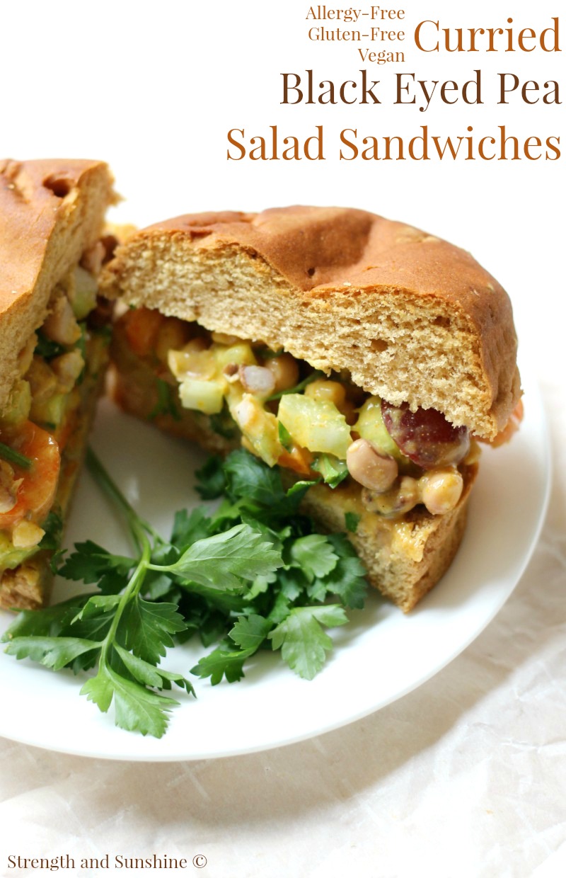 Curried Black Eyed Pea Salad Sandwiches (Gluten-Free, Vegan) | Strength and Sunshine @RebeccaGF666 An easy healthy lunch recipe for any day of the week. Curried Black Eyed Pea Salad Sandwiches that are gluten-free, vegan, and top 8 allergy-free. Easy to whip up on your meal prep days and have ready to go in the fridge!