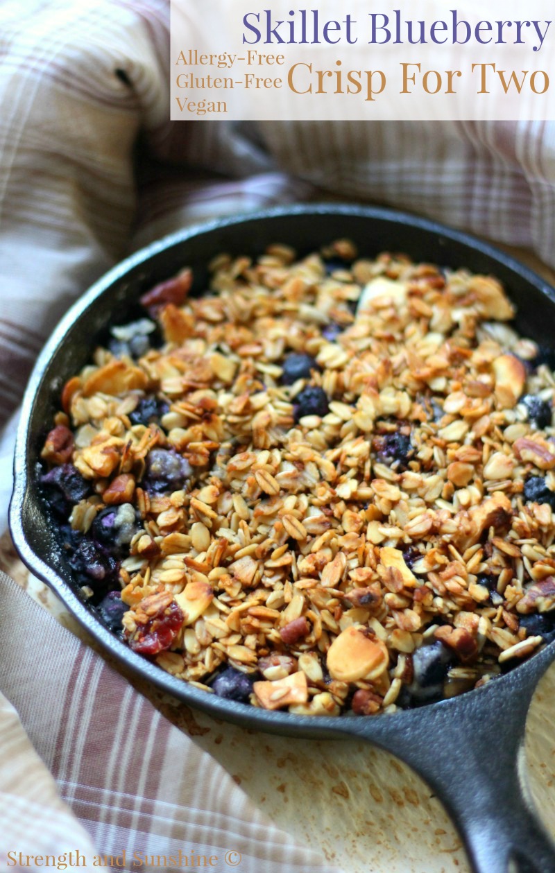 Skillet Blueberry Crisp For Two (Gluten-Free, Vegan) | Strength and Sunshine @RebeccaGF666 A simple fruit crisp recipe for two! This Skillet Blueberry Crisp is gluten-free, vegan, and top 8 allergy-free. Get out that cast iron and make a healthy, easy treat when you need something sweet and comforting!