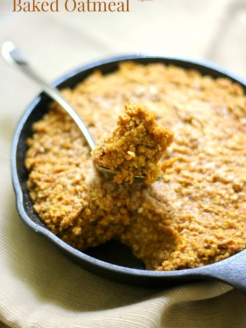 Gluten-Free Maple Pumpkin Baked Oatmeal (Vegan, Allergy-Free) | Strength and Sunshine @RebeccaGF666 Bake up this quick & cozy Gluten-Free Maple Pumpkin Baked Oatmeal recipe for a delicious autumn breakfast! Vegan, top-8 allergy-free, & baked right in a cast iron skillet with a crisp maple sugar top! ad #SavorPumpkinSeason