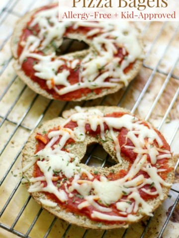 Easy Gluten-Free + Vegan Pizza Bagels (Allergy-Free) | Strength and Sunshine @RebeccaGF666 A super fun, quick, and easy recipe for the kids! Gluten-Free and Vegan Pizza Bagels that are top 8 allergy-free, easy to assemble, and totally customizable! Perfect for a quick lunch, dinner, or a big after school snack!