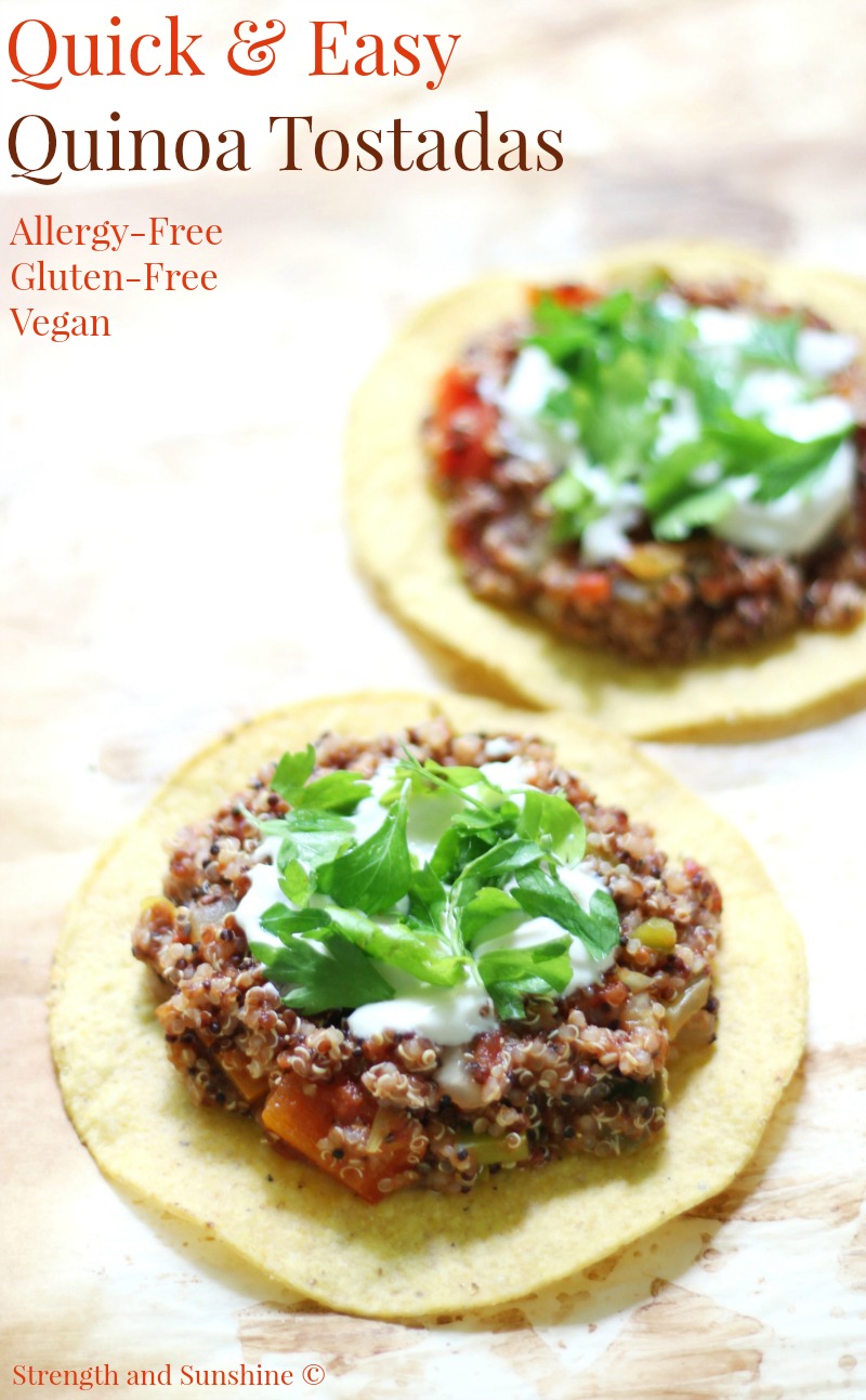 Quick & Easy Quinoa Tostadas recipe (Gluten-Free, Vegan) | Strength and Sunshine @RebeccaGF666 Mexican made easy! These Quick & Easy Quinoa Tostadas are gluten-free, vegan, and top 8 allergy-free! A great family-friendly & meatless weeknight dinner recipe you can have on the table in 15 minutes from start to finish. ad @successrice
