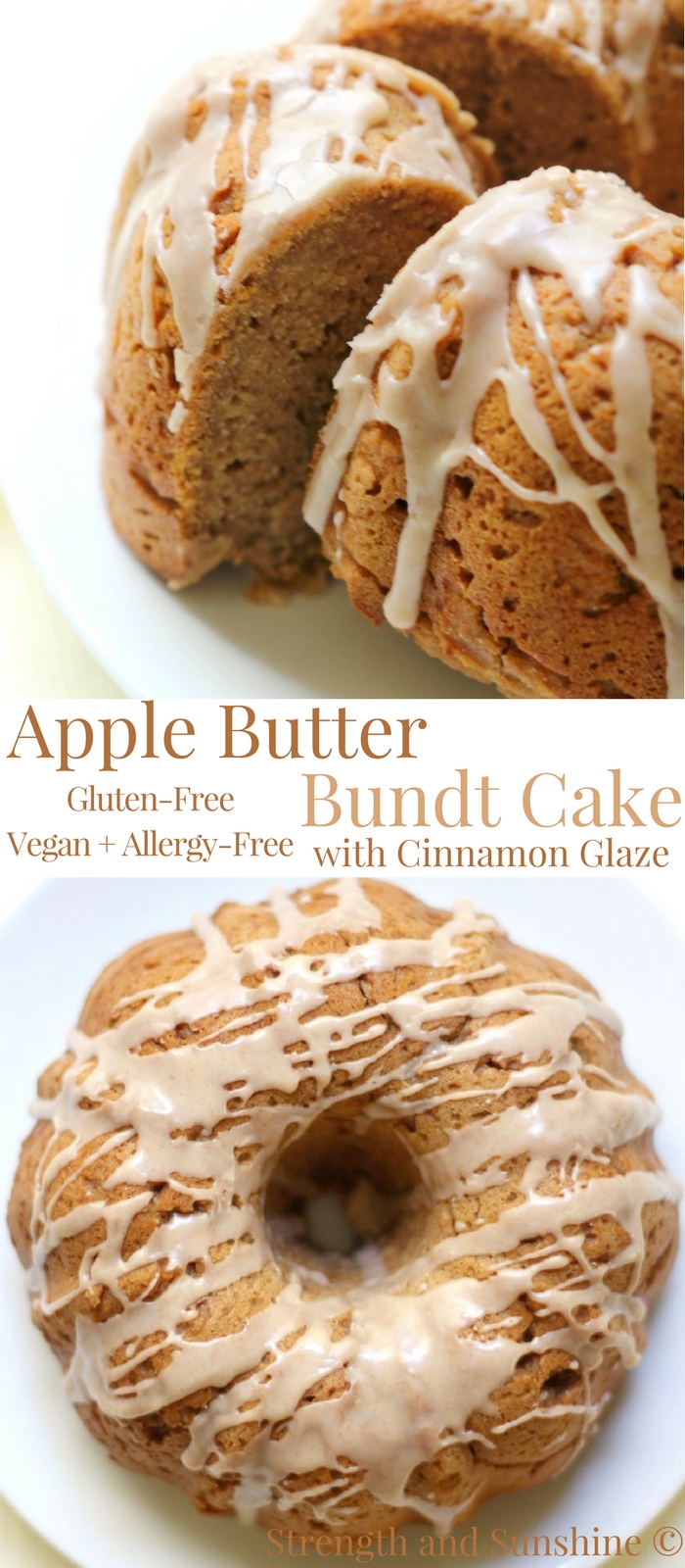 Gluten-Free Apple Butter Bundt Cake with Cinnamon Glaze (Vegan, Allergy-Free) | Strength and Sunshine @RebeccaGF666 A delicious dessert for the season. Gluten-Free Apple Butter Bundt Cake with Cinnamon Glaze that's vegan and top 8 allergy-free. Combining the deep and rich flavors of apple butter and seasonal spices for one healthy and sweet recipe treat! #glutenfree #vegan #applebutter #cake #bundtcake #cinnamon