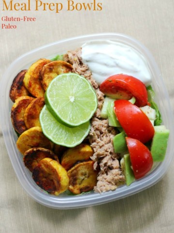 Cuban-Style Tuna Meal Prep Bowls (Gluten-Free, Paleo) | Strength and Sunshine @RebeccaGF666 A healthy meal prep recipe in a pinch! These Cuban-Style Tuna Meal Prep Bowls are gluten-free, paleo, and perfect for a well-rounded lunch! With plantain chips, fresh veggies, jalapeno tuna, and a zesty dairy-free yogurt, you’ll be powering through that midday slump! #glutenfree #paleo #tuna #mealprep ad