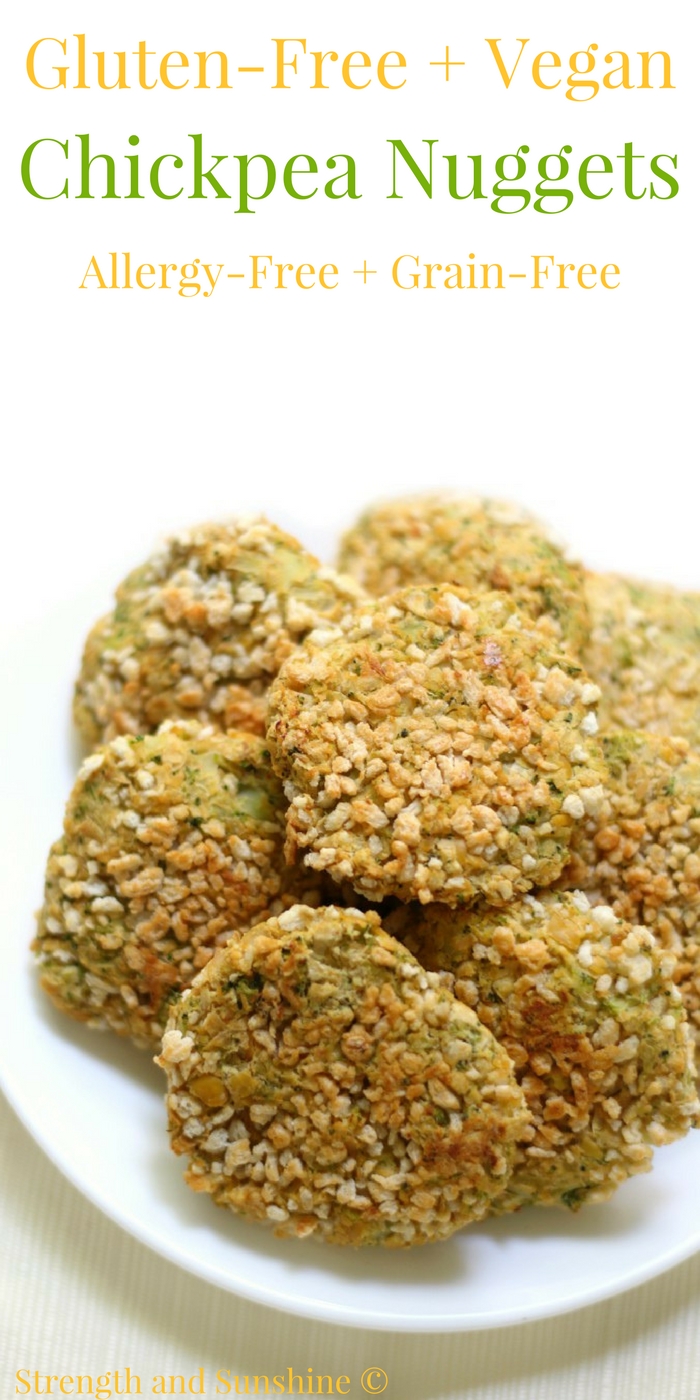 Gluten-Free + Vegan Chickpea Nuggets (Allergy-Free, Grain-Free) | Strength and Sunshine @RebeccaGF666 An easy and healthy meatless nugget that the kids will love! Gluten-free & Vegan Chickpea Nuggets that are top 8 allergy-free, grain-free, and have a secret dose of veggies too! A deliciously fun plant-based recipe for little hands at lunchtime or dinner! #glutenfree #vegan #chickpeas
