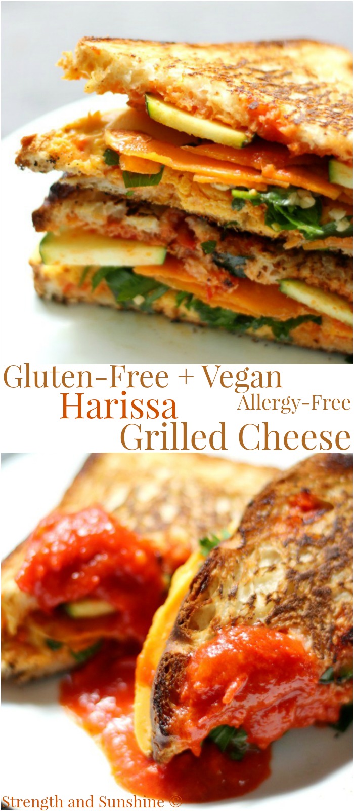 Gluten-Free + Vegan Harissa Grilled Cheese (Allergy-Free) | Strength and Sunshine @RebeccaGF666 A grown-up grilled cheese sandwich that redefines the classic comfort food. With a kick of spice this Gluten-Free & Vegan Harissa Grilled Cheese is top-8 allergy-free, packs in the flavor, and veggies! An easy lunch or dinner recipe for when you don't want to "cook"! #glutenfree #vegan #grilledcheese