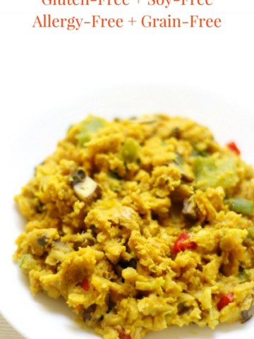 Vegan Chickpea Scramble (Soy-Free, Gluten-Free, Allergy-Free) | Strength and Sunshine @RebeccaGF666 No eggs in this breakfast scramble! A protein-packed Vegan Chickpea Scramble that's soy-free, gluten-free, top 8 allergy-free, and grain-free. It's a savory and sustaining breakfast recipe that will fuel your day right! #glutenfree #vegan #breakfast