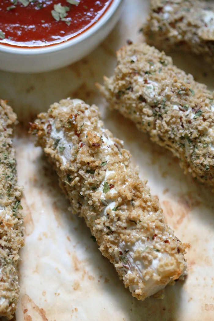 Vegan "Mozzarella" Sticks (Gluten-Free, Allergy-Free, Oil-Free) | Strength and Sunshine @RebeccaGF666 The solution for the best Vegan "Mozzarella" Sticks you'll ever find! Not only is this unique appetizer gluten-free and top-8 allergy-free, but oil-free too, since it's baked and not fried! You'll never guess what's under the crispy coating in this healthy recipe! #glutenfree #vegan #dairyfree