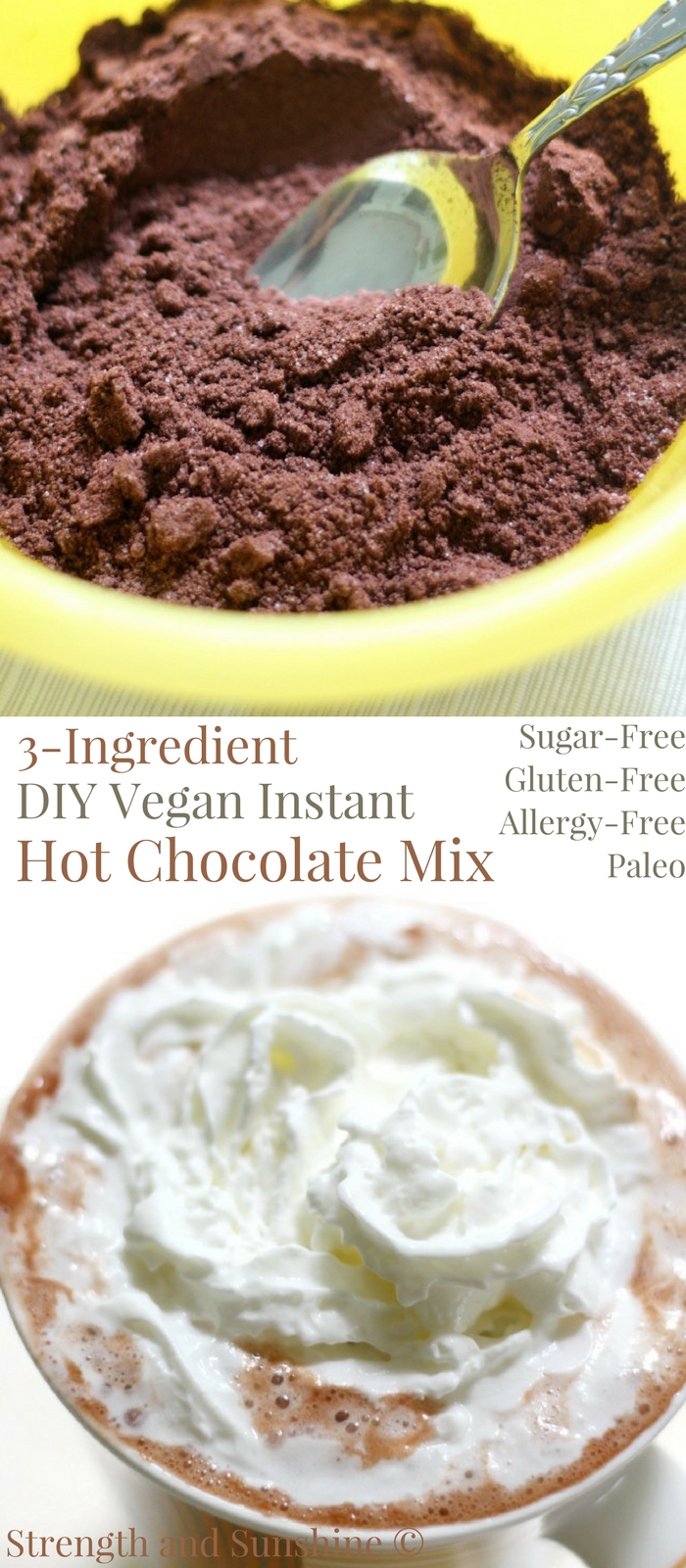 3-Ingredient DIY Vegan Instant Hot Chocolate Mix (Sugar-Free, Gluten-Free, Paleo) | Strength and Sunshine @RebeccaGF666 A super simple 3-Ingredient DIY Vegan Instant Hot Chocolate Mix you can whip up in a flash! Sugar-free, gluten-free, paleo, and top-8 allergy-free, this healthy hot cocoa mix recipe is perfect for holiday gifts or stocking the pantry with a quick a cozy drink to warm the soul! #hotchocolate #hotcocoa #holidays #vegan #sugarfree #glutenfree #paleo #chocolate