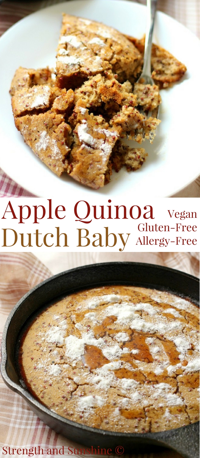 Gluten-Free Apple Quinoa Dutch Baby Pancake (Vegan, Allergy-Free) | Strength and Sunshine @RebeccaGF666 Who would pass up a baked pancake? This Gluten-Free Apple Quinoa Dutch Baby is vegan and top-8 allergy-free. A traditional German breakfast recipe transformed for a delicious, healthy, and easy seasonal treat! #glutenfree #vegan #dutchbaby #quinoa #apple #breakfast