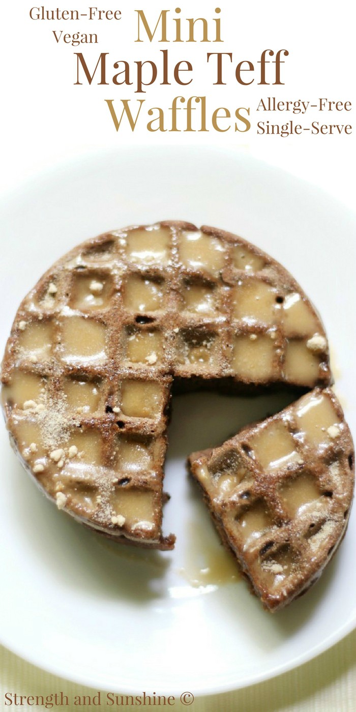 Gluten-Free Mini Maple Teff Waffles (Vegan, Allergy-Free) | Strength and Sunshine @RebeccaGF666 The toasty sweet flavor and aroma of maple will have you jumping out of bed for breakfast! These Gluten-Free Mini Maple Teff Waffles are vegan, top-8 allergy-free, and a perfect single-serve recipe for a cozy start on a cold morning! #glutenfree #vegan #waffles #breakfast #maple #teff