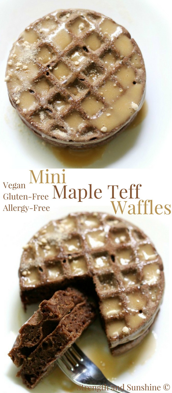 Gluten-Free Mini Maple Teff Waffles (Vegan, Allergy-Free) | Strength and Sunshine @RebeccaGF666 The toasty sweet flavor and aroma of maple will have you jumping out of bed for breakfast! These Gluten-Free Mini Maple Teff Waffles are vegan, top-8 allergy-free, and a perfect single-serve recipe for a cozy start on a cold morning! #glutenfree #vegan #waffles #breakfast #maple #teff
