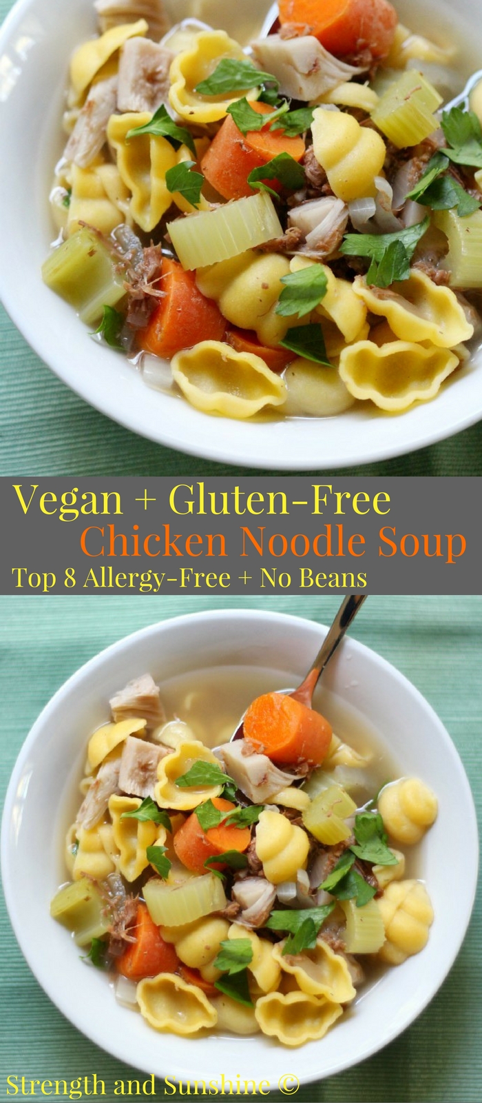Vegan + Gluten-Free Chicken Noodle Soup (Allergy-Free, No Beans) | Strength and Sunshine @RebeccaGF666 Everyone loves a piping hot comforting bowl of classic chicken noodle soup! But this healthy & veggie-packed recipe is for Vegan & Gluten-Free Chicken Noodle Soup; top 8 allergy-free, no beans, and a mock ingredient you'd never guess! This cozy soup will nourish and soothe the soul! #soup #chickennoodlesoup #chickensoup #glutenfree #vegan #allergyfree #jackfruit