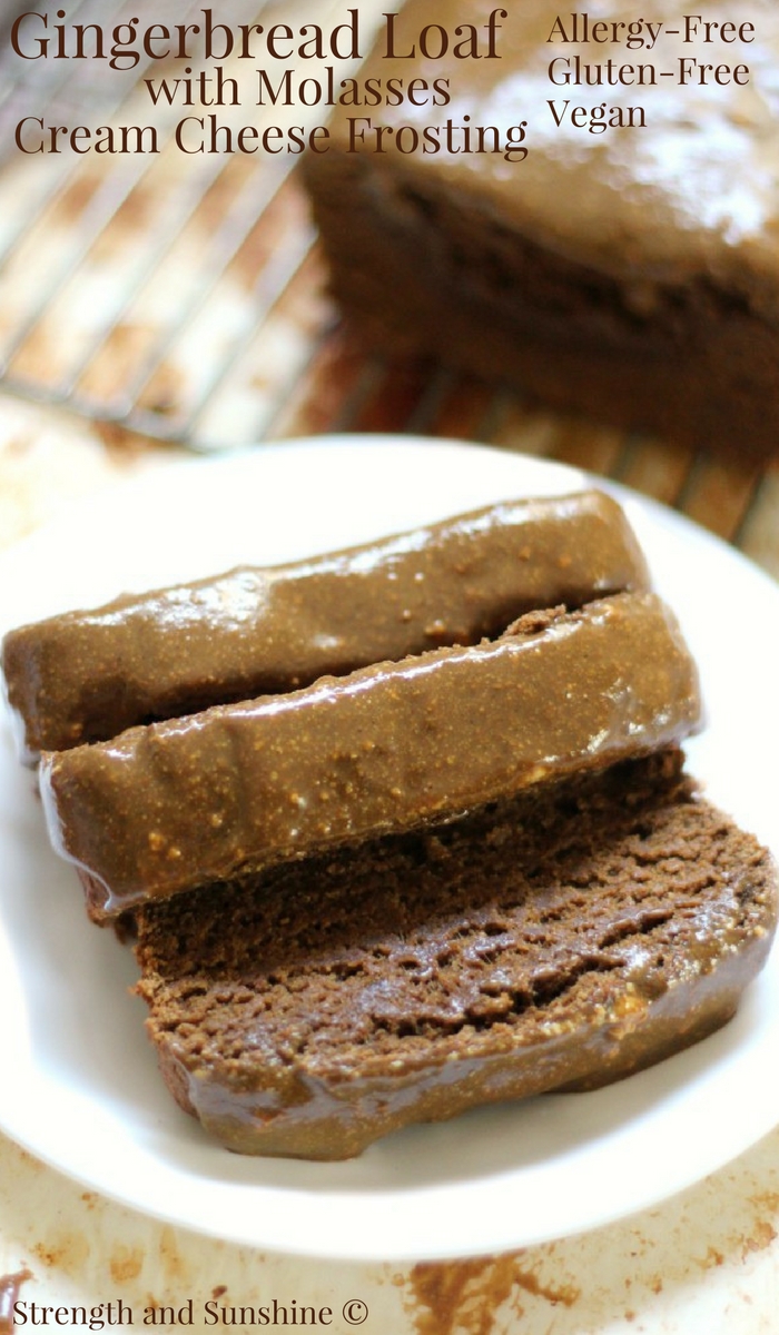 Gluten-Free Gingerbread Loaf with Vegan Molasses Cream Cheese Frosting | Strength and Sunshine @RebeccaGF666 A classic Gluten-Free Gingerbread Loaf taken up a notch with a Vegan Molasses Cream Cheese Frosting for a deep and indulgent accompaniment to this seasonal dessert. A top-8 allergy-free recipe so everyone can enjoy a nice thick slice! #glutenfree #vegan #gingerbread #christmas #loafcake #dairyfree