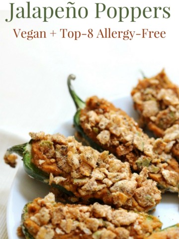 Gluten-Free Baked Jalapeño Poppers (Vegan, Allergy-Free) | Strength and Sunshine @RebeccaGF666 Your favorite spicy appetizer right got a healthy makeover! These Gluten-Free Baked Jalapeño Poppers are not only poppin', but vegan, top-8 allergy-free, and require no oil. Filled with a delicious creamy hummus and crusted for crunchy perfection, this recipe will be gone in a flash! #jalapeñopoppers #appetizer #vegan #glutenfree