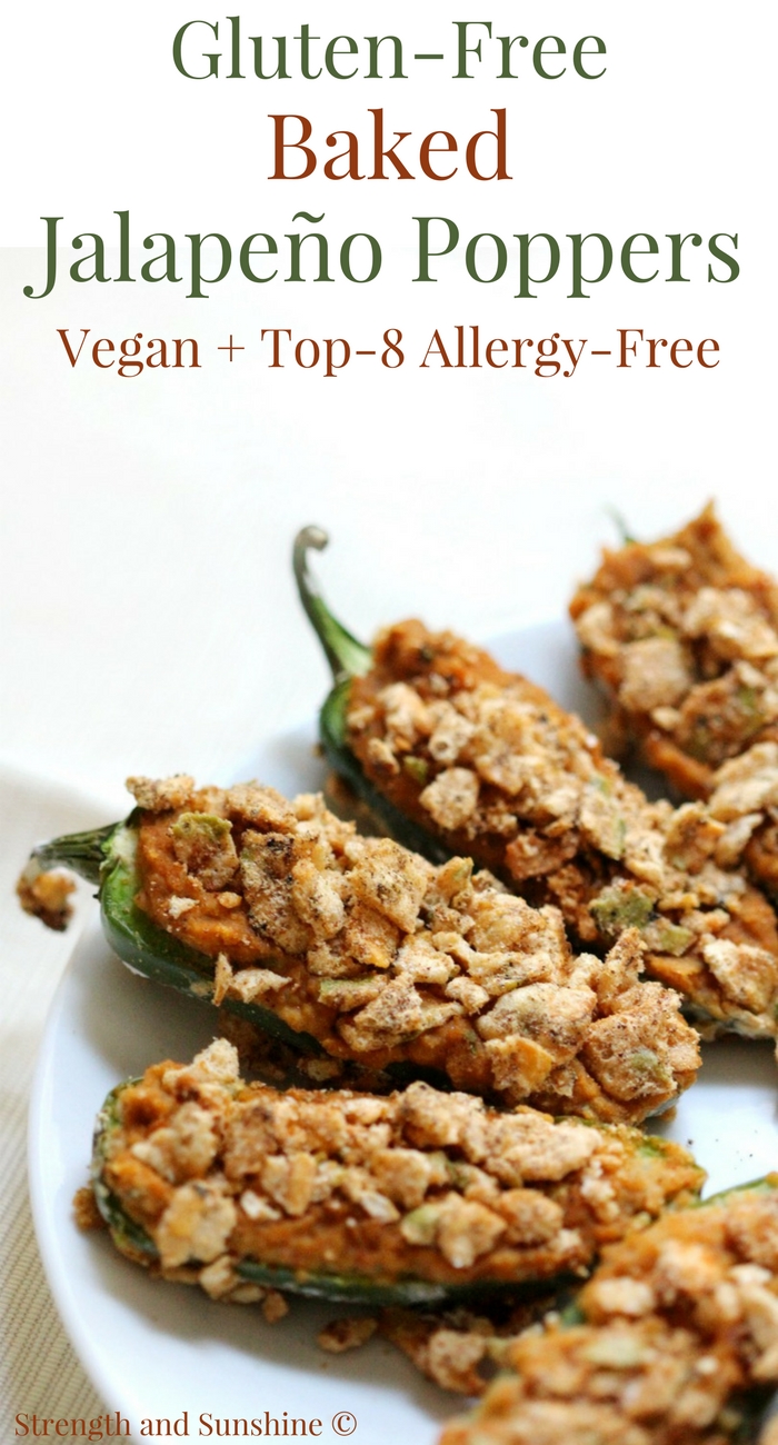 Gluten-Free Baked Jalapeño Poppers (Vegan, Allergy-Free) | Strength and Sunshine @RebeccaGF666 Your favorite spicy appetizer just got a healthy makeover! These Gluten-Free Baked Jalapeño Poppers are not only poppin', but vegan, top-8 allergy-free, and require no oil. Filled with a delicious creamy hummus and crusted for crunchy perfection, this recipe will be gone in a flash! #jalapeñopoppers #appetizer #vegan #glutenfree