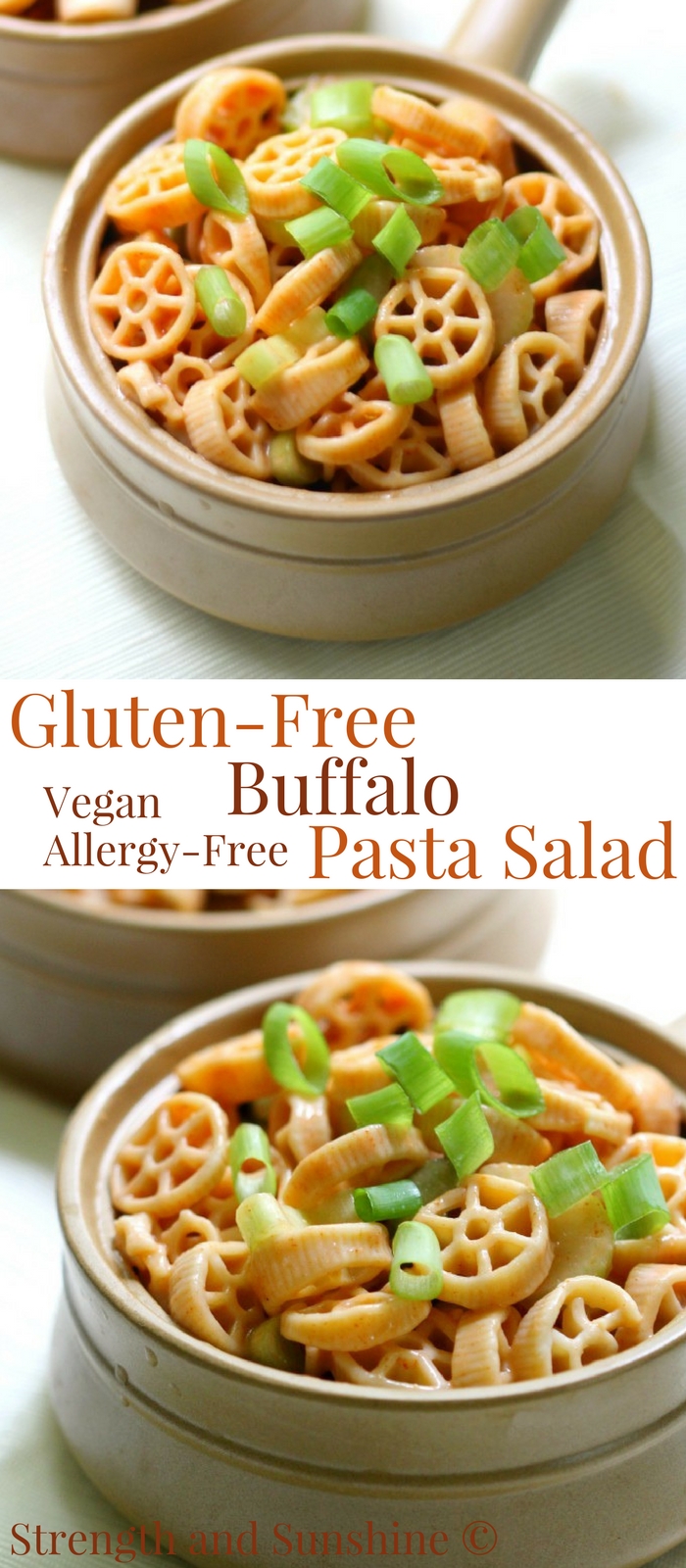 Gluten-Free Buffalo Pasta Salad (Vegan, Allergy-free) | Strength and Sunshine @RebeccaGF666 A bold and spicy side dish recipe for your next party or tailgate! This healthy Gluten-Free Buffalo Pasta Salad is vegan, top-8 allergy-free, and super quick and easy to whip up! There's no lack of flavor in this creamy American staple! #glutenfree #pastasalad #buffalo #glutenfreepasta #tailgating