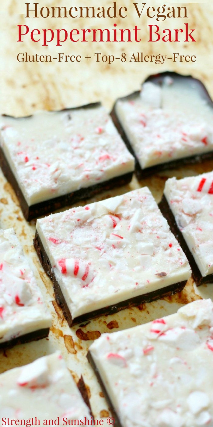 Homemade Vegan Peppermint Bark (Gluten-Free, Allergy-Free) | Strength and Sunshine @RebeccaGF666 That favorite classic holiday treat that's fun to gift and delicious to eat! Homemade Vegan Peppermint Bark that's gluten-free and top-8 allergy-free too! All the festive sweet chocolate and mint flavor only takes 4 ingredients for this dairy-free recipe remake!  #peppermintbark #chocolate #christmas #holidayrecipe #glutenfree #vegan #dairyfree #allergyfree #peppermint