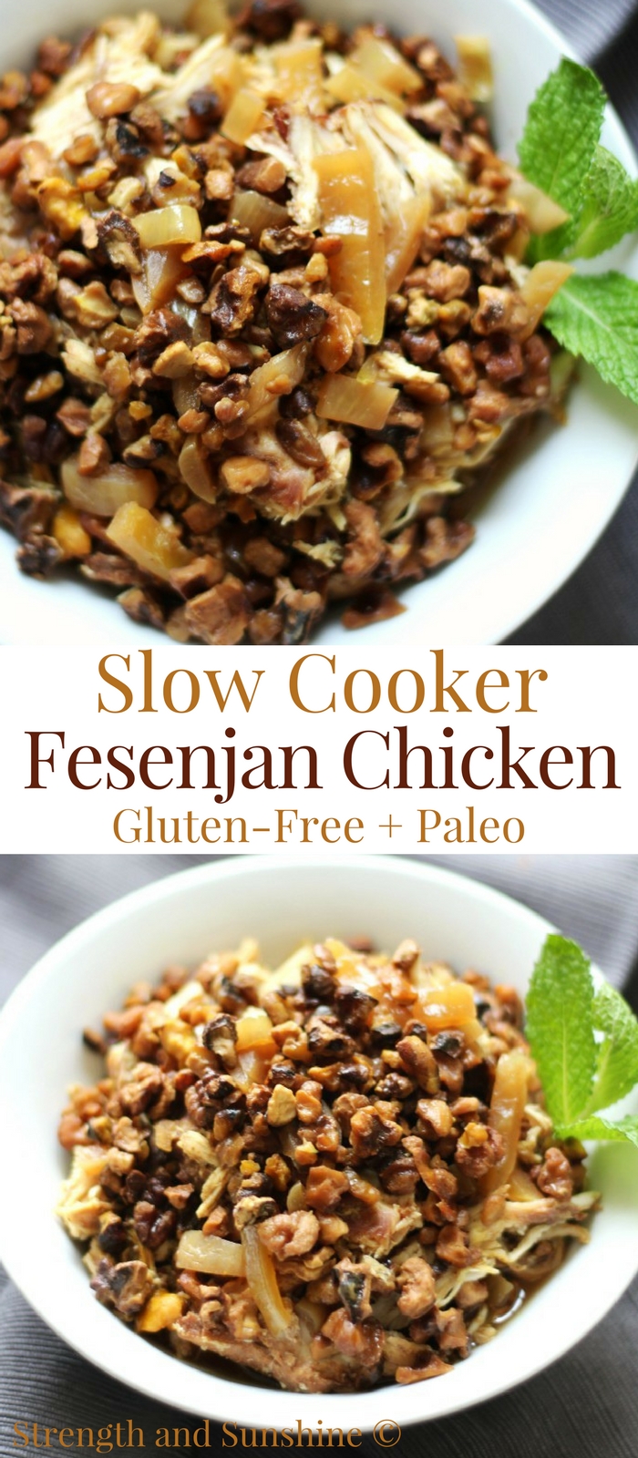 Slow Cooker Fesenjan Chicken (Gluten-Free, Paleo) | Strength and Sunshine @RebeccaGF666 The traditional Iranian stew with chicken and the deep flavors of pomegranate molasses and walnuts, now made easy right in the crock-pot! Slow Cooker Fesenjan Chicken is a hearty gluten-free & paleo dinner recipe that will warm the belly and soul! #fesenjan #slowcooker #crockpot #chicken