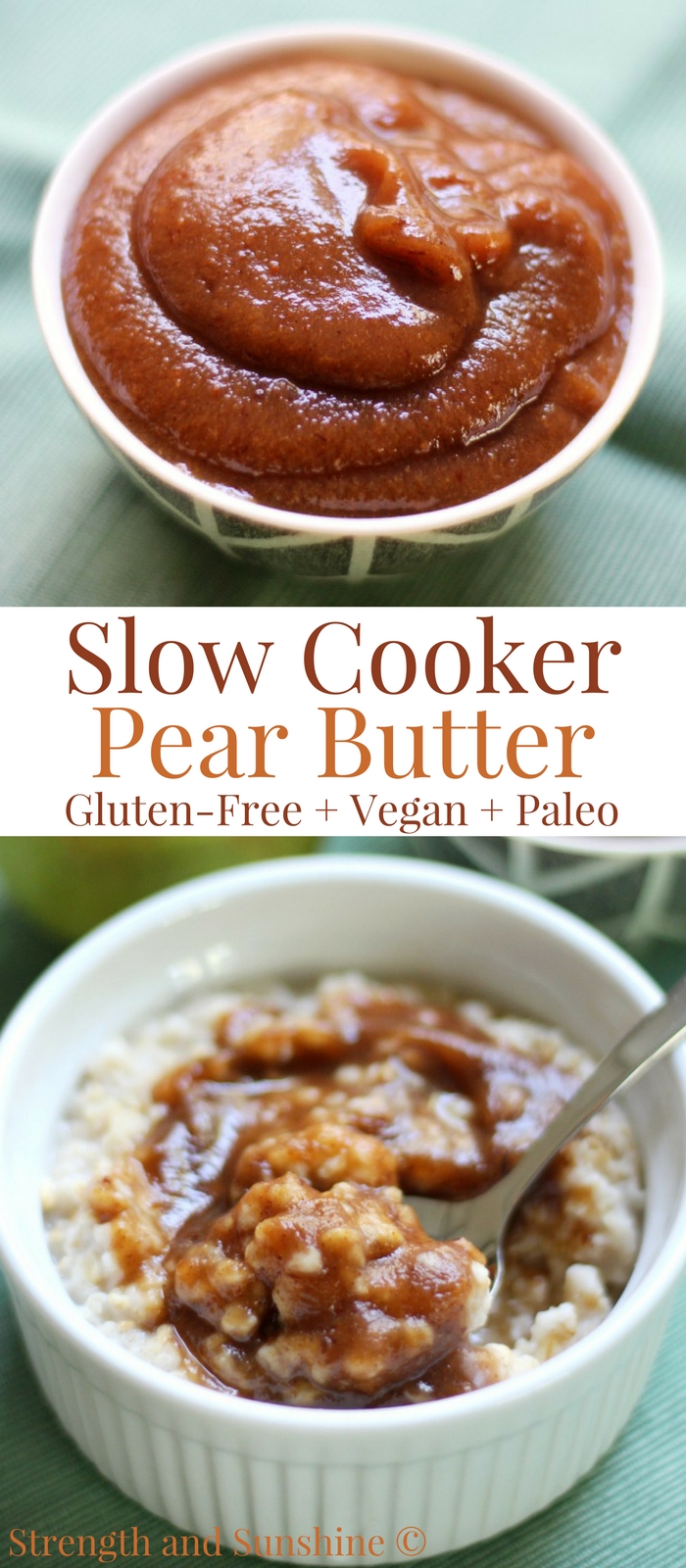 Slow Cooker Pear Butter (Gluten-Free, Vegan, Paleo) | Strength and Sunshine @RebeccaGF666 Smooth, creamy, and sweet Slow Cooker Pear Butter that's so simple to make! Your favorite combination of pears cooked down in the crock-pot for a perfectly sweet and aromatic spread recipe that's gluten-free, vegan, paleo, and allergy-free! #pearbutter #slowcooker #crockpot
