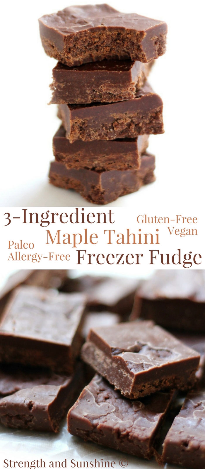 3-Ingredient Maple Tahini Freezer Fudge (Gluten-Free, Vegan, Paleo) | Strength and Sunshine @RebeccaGF666 Easy like 1, 2, 3! 3-Ingredient Maple Tahini Freezer Fudge that's gluten-free, vegan, paleo, and top-8 allergy-free! A creamy and delicious no-bake dessert recipe with just dark chocolate, sesame tahini, and pure maple syrup! Give it as a gift or keep it in the freezer for a sweet tooth satisfying snack! #freezerfudge #tahini #maplesyrup #glutenfree #vegan #paleo #darkchocolate #fudge