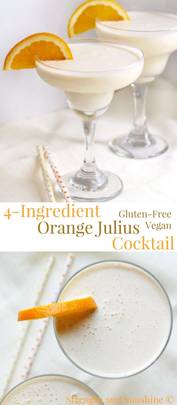 4-Ingredient Orange Julius Cocktail (Gluten-Free, Vegan) | Strength and Sunshine @RebeccaGF666 Give your Orange Julius a grown-up boozy twist! A quick and easy 4-Ingredient Orange Julius Cocktail recipe that's gluten-free, vegan, and makes for a perfect frozen, creamy, and fruit treat! A sippable Creamsicle for adults only! #orangejulius #creamsicle #cocktail #glutenfree #vegan ad