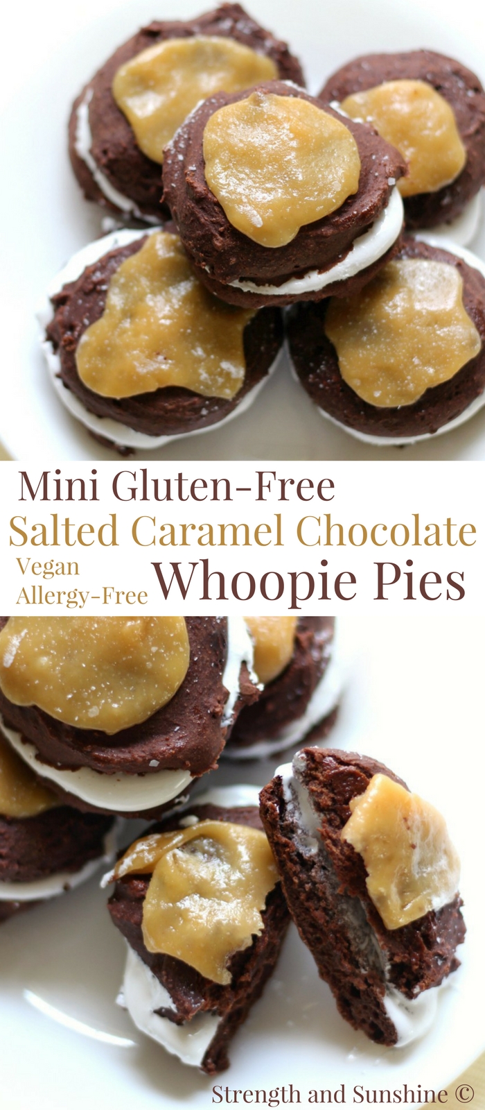 Mini Gluten-Free Salted Caramel Chocolate Whoopie Pies (Vegan, Allergy-Free) | Strength and Sunshine @RebeccaGF666 A fun flavor combo for your favorite American cream-filled "cookie-pie-cake"! These Mini Gluten-Free Salted Caramel Chocolate Whoopie Pies are vegan, top-8 allergy-free, and a perfect adult & kid-friendly dessert recipe! #whoopiepies #glutenfree #vegan #dessert #saltedcaramel
