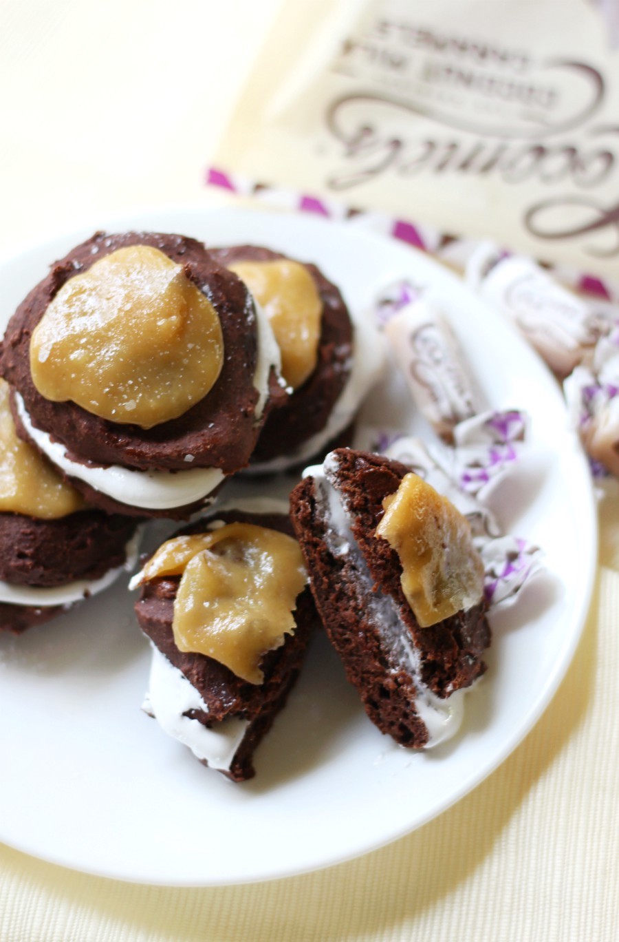 Mini Gluten-Free Salted Caramel Chocolate Whoopie Pies (Vegan, Allergy-Free) | Strength and Sunshine @RebeccaGF666 A fun flavor combo for your favorite American cream-filled "cookie-pie-cake"! These Mini Gluten-Free Salted Caramel Chocolate Whoopie Pies are vegan, top-8 allergy-free, and a perfect adult & kid-friendly dessert recipe! #whoopiepies #glutenfree #vegan #dessert #saltedcaramel