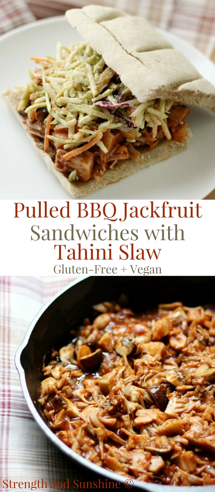 Pulled BBQ Jackfruit Sandwiches with Tahini Slaw (Gluten-Free, Vegan) | Strength and Sunshine @RebeccaGF666 A healthy & delicious meatless recipe that will have you forgetting about the meat! Pulled BBQ Jackfruit Sandwiches with Tahini Slaw that are gluten-free, vegan, & top-8 allergy-free! Great for a quick & easy plant-based weeknight dinner! #jackfruit #bbq #sandwiches #glutenfree #vegan