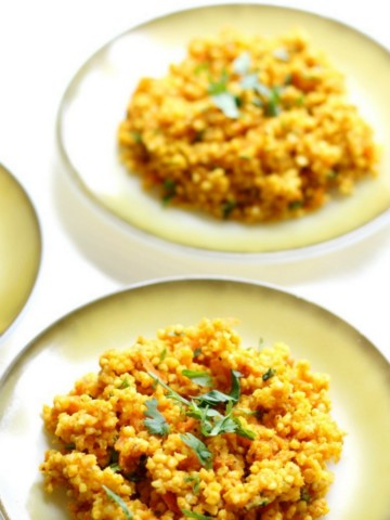 African Spiced Carrot Millet (Gluten-Free, Vegan, Allergy-Free) | Strength and Sunshine @RebeccaGF666 A quick & easy whole grain side dish that packs in the flavor! An African Spiced Carrot Millet recipe that's gluten-free, vegan, and top 8 allergy-free. Fluffy millet with carrot puree, carrot greens, cilantro, and fragrant savory African spices! #millet #glutenfree #vegan #turmeric #carrot #sidedish #african #easyrecipe