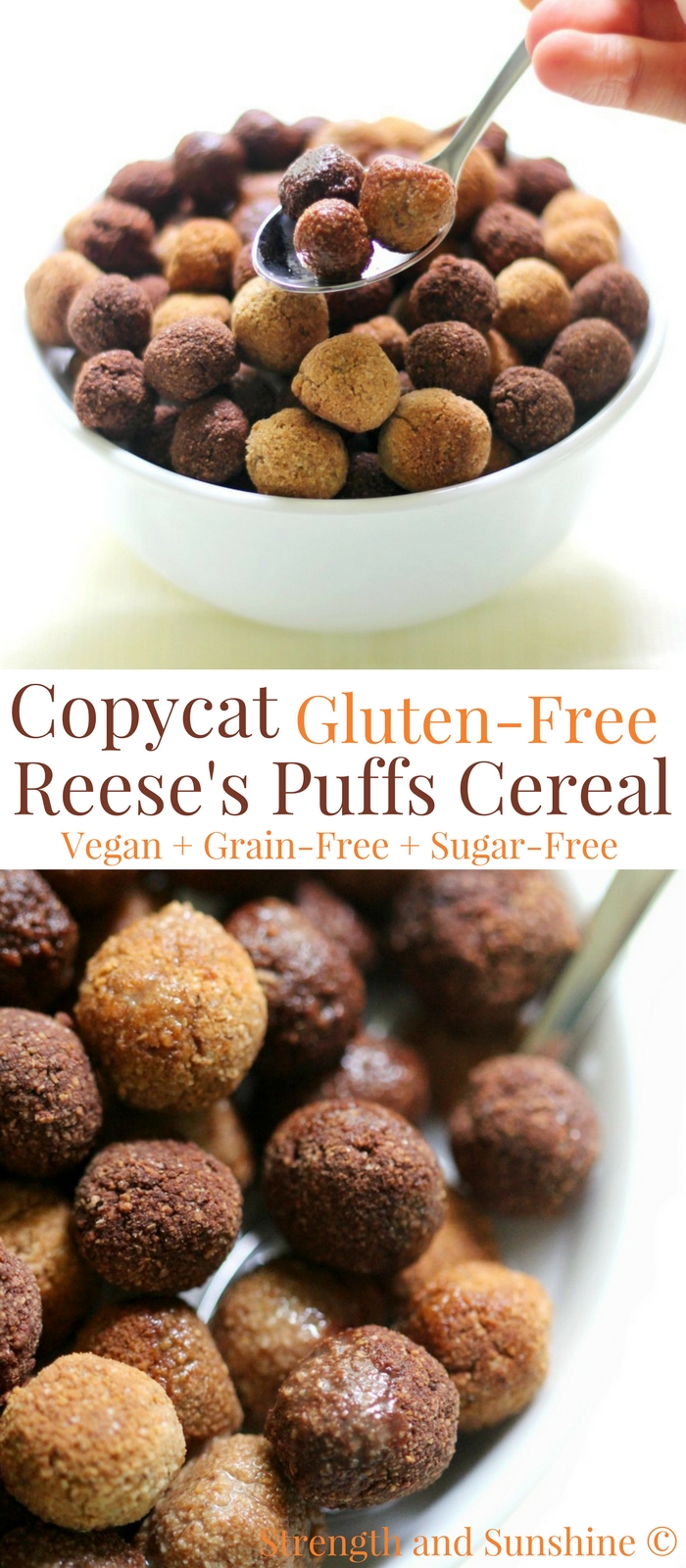 Copycat Gluten-Free Reese's Puffs Cereal (Vegan, Grain-Free) | Strength and Sunshine @RebeccaGF666 Healthy, protein-packed, homemade cereal for breakfast? You will love this recipe for Copycat Gluten-Free Reese's Puffs Cereal that's vegan, grain-free, and sugar-free! Chocolate and peanut butter flavors are just what you need to kickstart your day! #cereal #reeses #breakfast #glutenfree #vegan #grainfree #sugarfree #kidfriendly