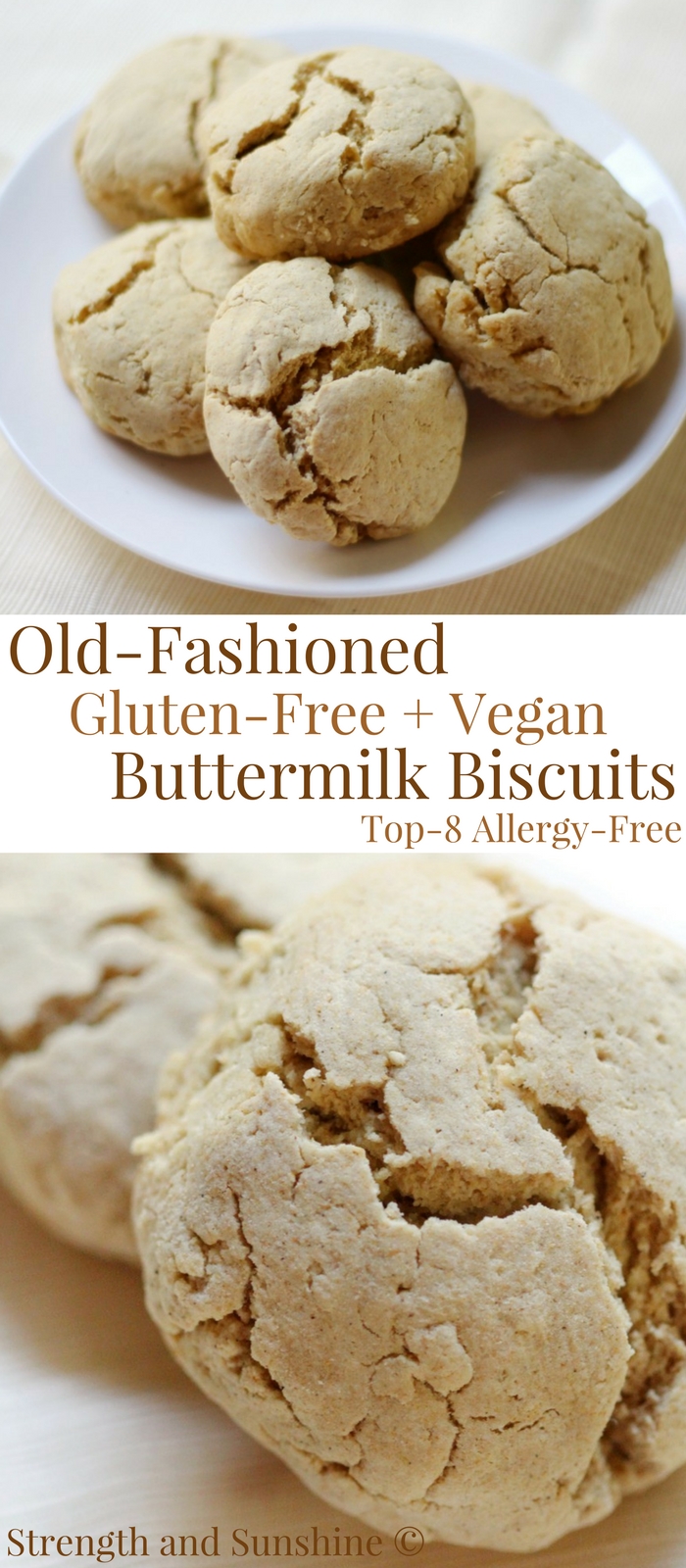 Old-Fashioned Gluten-Free + Vegan Buttermilk Biscuits (Allergy-Free) | Strength and Sunshine @RebeccaGF666 The best authentic Old-Fashioned Gluten-Free & Vegan Buttermilk Biscuits just like your Southern grandmother used to make! Soft, tender, flaky, and begging to be slathered with dairy-free butter, jam, or covered in gravy. This recipe is top-8 allergy-free and only 6 ingredients; in 12 minutes you'll have warm pull-apart buns ready on the table! #buttermilkbiscuits #biscuits #glutenfree #vegan #allergyfree