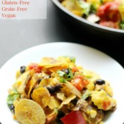 Gluten-Free Skillet Plantain Nachos (Vegan, Grain-Free, Allergy-Free) | Strength and Sunshine @RebeccaGF666 A delicious, messy, plant-based skillet of nachos! Gluten-Free Skillet Plantain Nachos that are vegan, grain-free, and top 8 allergy-free! Loaded with veggies and plantain chips, topped with salsa and an easy homemade vegan cheese sauce recipe, these nachos make for a fun Mexican meal any night of the week! #nachos #glutenfree #vegan #plantains #grainfree #strengthandsunshine