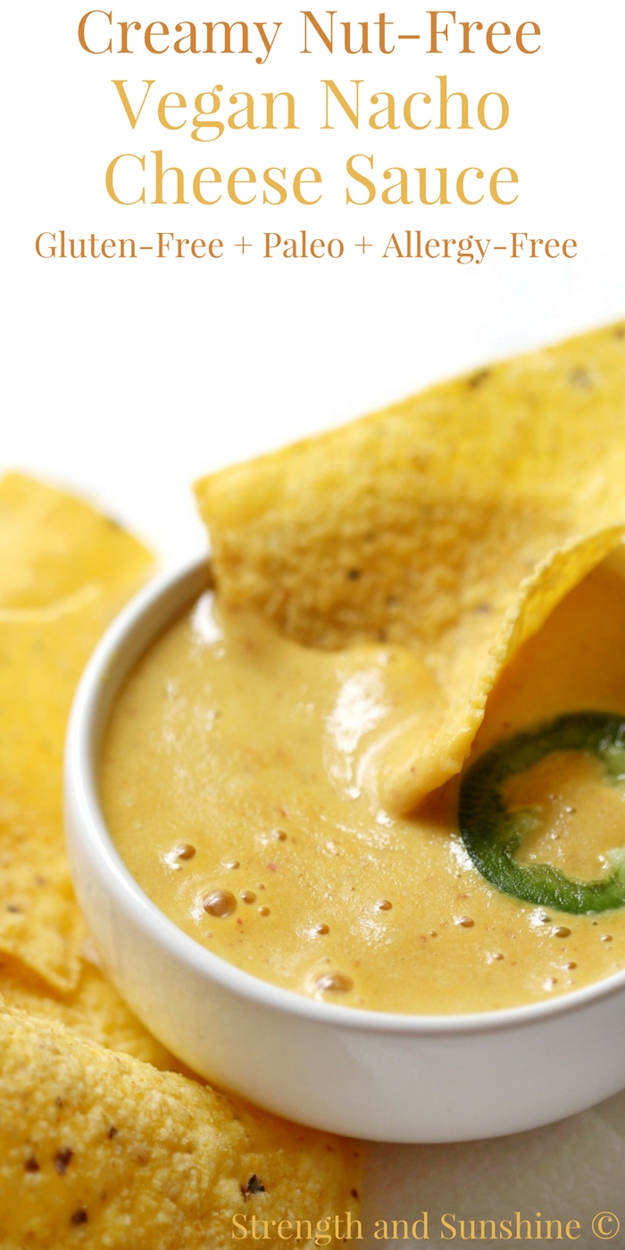 Creamy Nut-Free Vegan Nacho Cheese Sauce (Gluten-Free, Paleo, Allergy-Free) | Strength and Sunshine @RebeccaGF666 No dairy needed in this Creamy Nut-Free Vegan Nacho Cheese Sauce! Low-fat, gluten-free, paleo, and allergy-free; everyone can enjoy some healthy dipping! A tummy-friendly recipe, made quick & easy in a blender. You'll be using this queso sauce for more than just chips! #cheesesauce #queso #nachocheesesauce #dairyfree #vegan #nutfree #strengthandsunshine