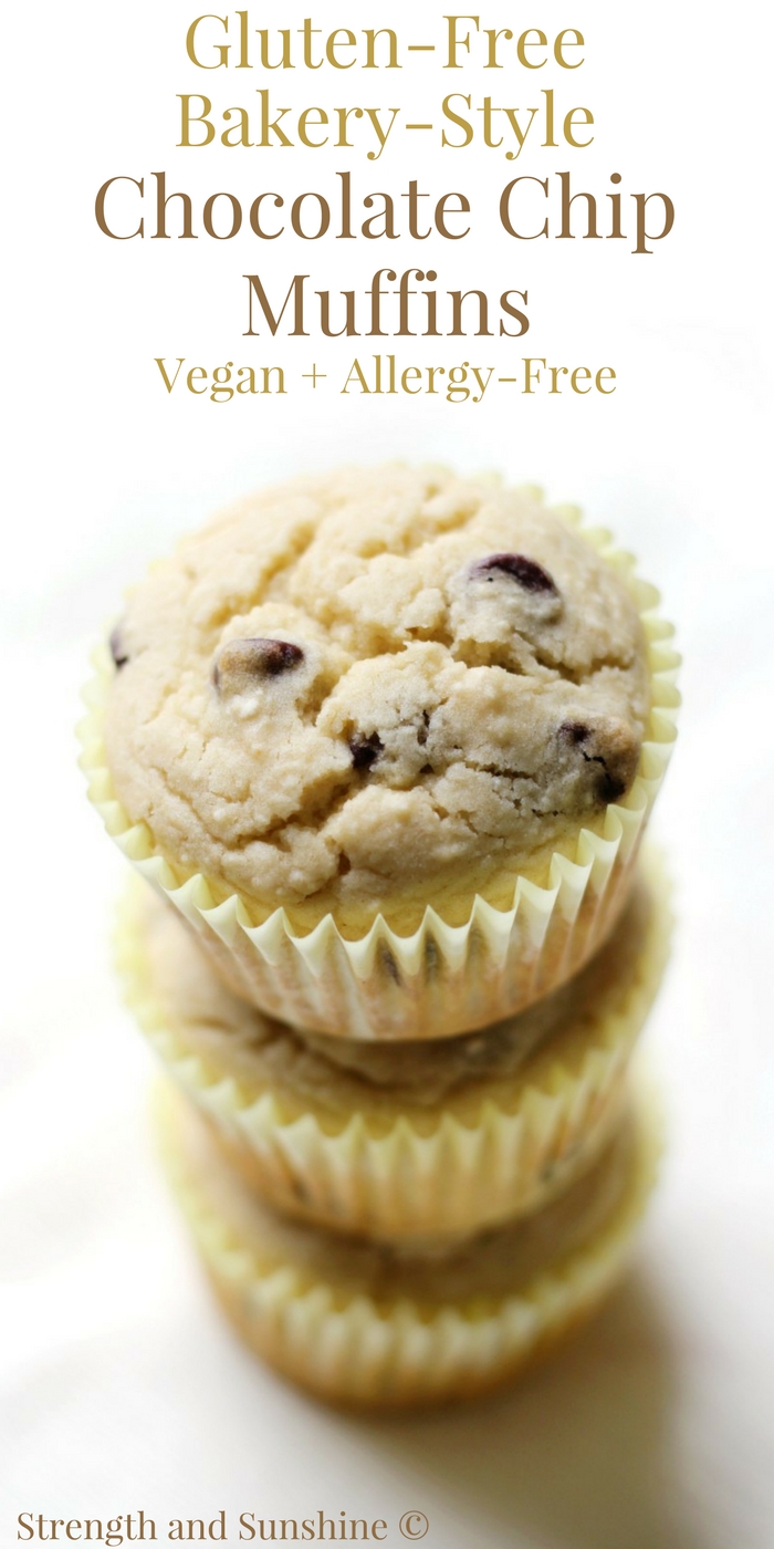 Gluten-Free Bakery-Style Chocolate Chip Muffins (Vegan, Allergy-Free) | Strength and Sunshine @RebeccaGF666 A healthier, tender and fluffy, muffin recipe studded with dark chocolate chips! Gluten-Free Bakery-Style Chocolate Chip Muffins that are vegan and allergy-free! Your favorite bakeshop classic, now enjoyable for everyone as a breakfast, brunch or snack bite; perfect with a cup of coffee or tea! #chocolatechipmuffins #muffins #glutenfree #vegan #allergyfree #strengthandsunshine