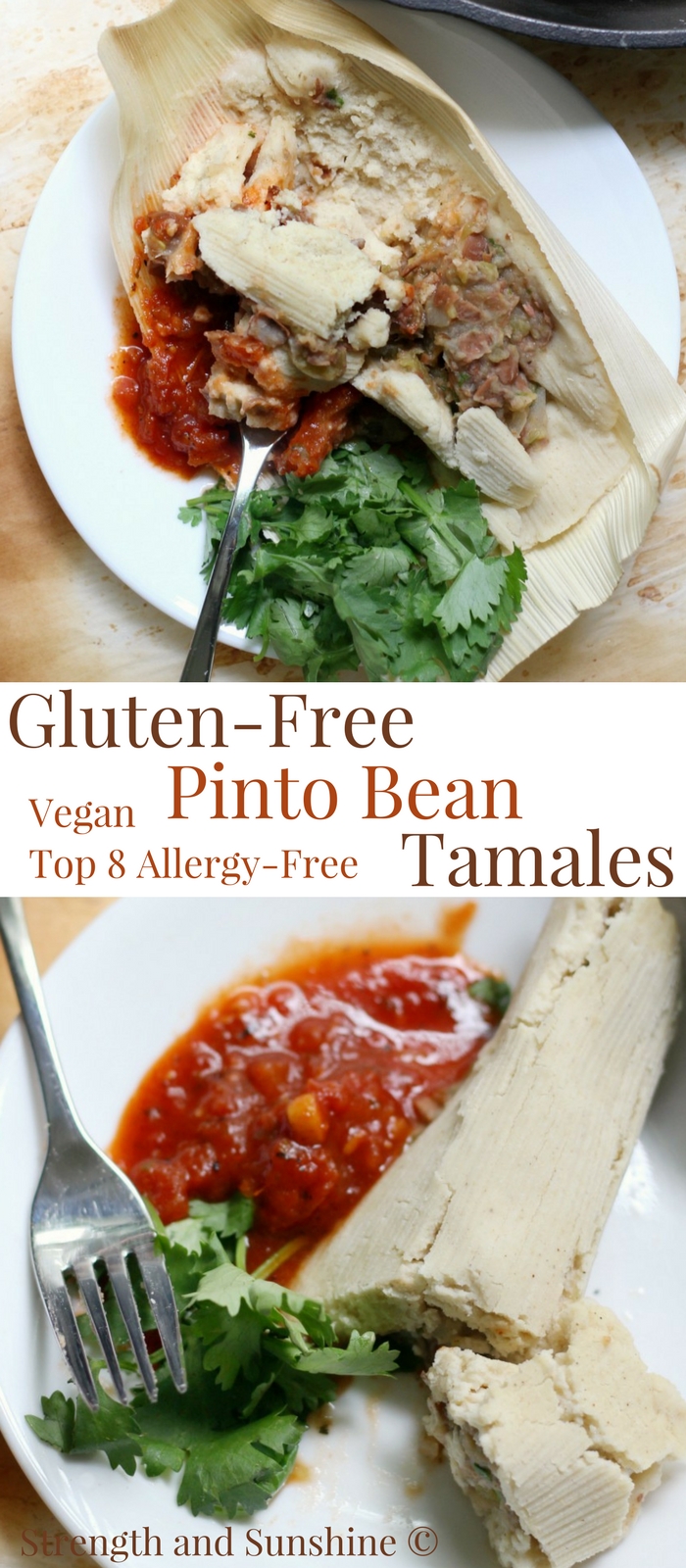 Gluten-Free Pinto Bean Tamales (Vegan, Allergy-Free) | Strength and Sunshine @RebeccaGF666 An easy Mexican tamale recipe with a homemade masa dough and spicy pinto bean filling. These Gluten-Free Pinto Bean Tamales are vegan and top 8 allergy-free, making them a great meatless weeknight meal the whole family will love! #tamales #pintobeans #glutenfree #vegan #mexican #allergyfree #strengthandsunshine
