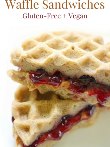 Mini Gluten-Free Peanut Butter & Jelly Waffle Sandwiches (Vegan) | Strength and Sunshine @RebeccaGF666 Breakfast, lunch, or snack, PB&J is good for any time of day! These Mini Gluten-Free Peanut Butter & Jelly Waffle Sandwiches are vegan, fun for kids & adults, healthy & protein-packed! A recipe for all peanut butter lovers and anyone who wants to shakeup their boring sandwich routine! #glutenfree #vegan #peanutbutter #jelly #waffles #breakfast #lunch #kidfriendly #strengthandsunshine