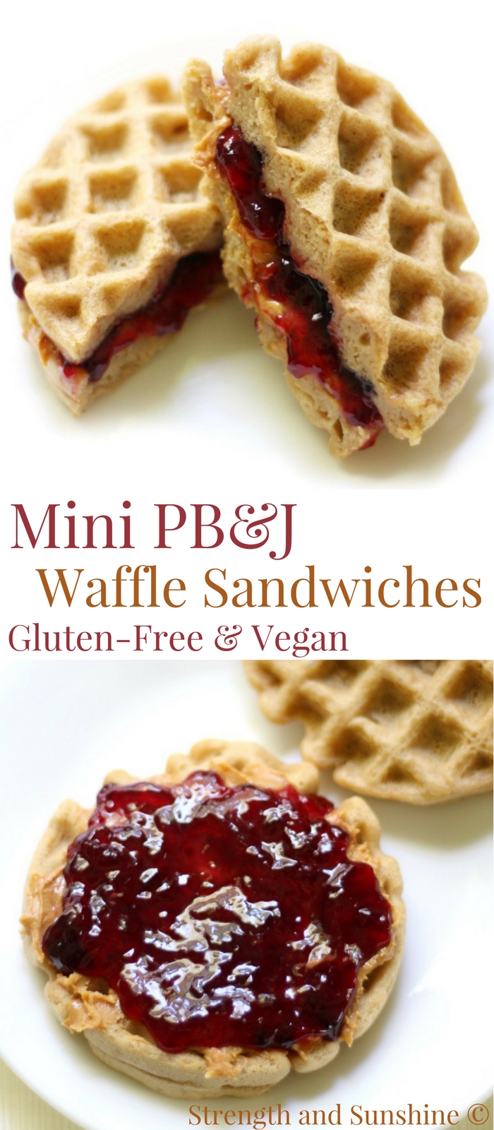 Mini Gluten-Free Peanut Butter & Jelly Waffle Sandwiches (Vegan) | Strength and Sunshine @RebeccaGF666 Breakfast, lunch, or snack, PB&J is good for any time of day! These Mini Gluten-Free Peanut Butter & Jelly Waffle Sandwiches are vegan, fun for kids & adults, healthy & protein-packed! A recipe for all peanut butter lovers and anyone who wants to shakeup their boring sandwich routine! #glutenfree #vegan #peanutbutter #jelly #waffles #breakfast #lunch #kidfriendly #strengthandsunshine