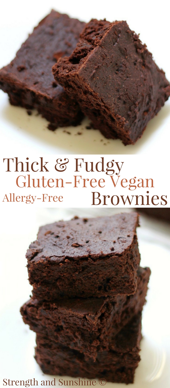 Easy Thick & Fudgy One-Bowl Gluten-Free Vegan Brownies (Allergy-Free) A quick & easy recipe for classic Thick & Fudgy One-Bowl Gluten-Free Vegan Brownies! A top 8 allergy-free, oil-free, and sugar-free swap for your favorite rich and decadent chocolate dessert! Kid and mom approved for any party or celebration! #brownies #glutenfree #vegan #allergyfree #dessert #strengthandsunshine