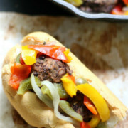 Vegan Boardwalk Italian Sausage & Peppers Sandwiches (Gluten-Free, Allergy-Free) | Strength and Sunshine @RebeccaGF666 A Jersey Shore classic! These meatless Boardwalk Italian Sausage & Peppers Sandwiches are vegan, gluten-free, and top 8 allergy-free! A simple, delicious, and healthy recipe for your greasy favorite summer comfort food! #sausageandpeppers #sandwich #glutenfree #vegan #strengthandsunshine
