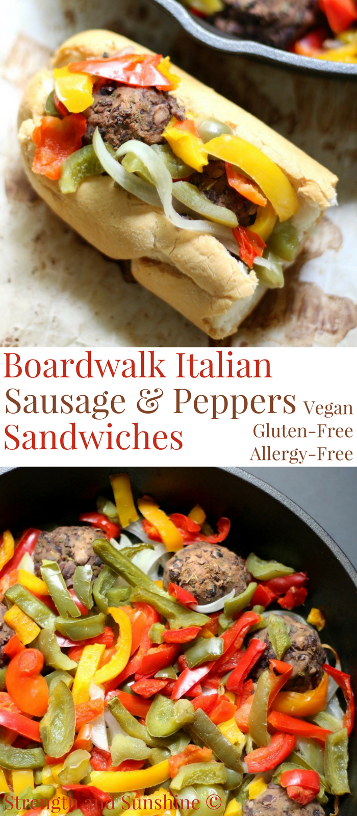 Vegan Boardwalk Italian Sausage & Peppers Sandwiches (Gluten-Free, Allergy-Free) | Strength and Sunshine @RebeccaGF666 A Jersey Shore classic! These meatless Boardwalk Italian Sausage & Peppers Sandwiches are vegan, gluten-free, and top 8 allergy-free! A simple, delicious, and healthy recipe for your greasy favorite summer comfort food! #sausageandpeppers #sandwich #glutenfree #vegan #strengthandsunshine
