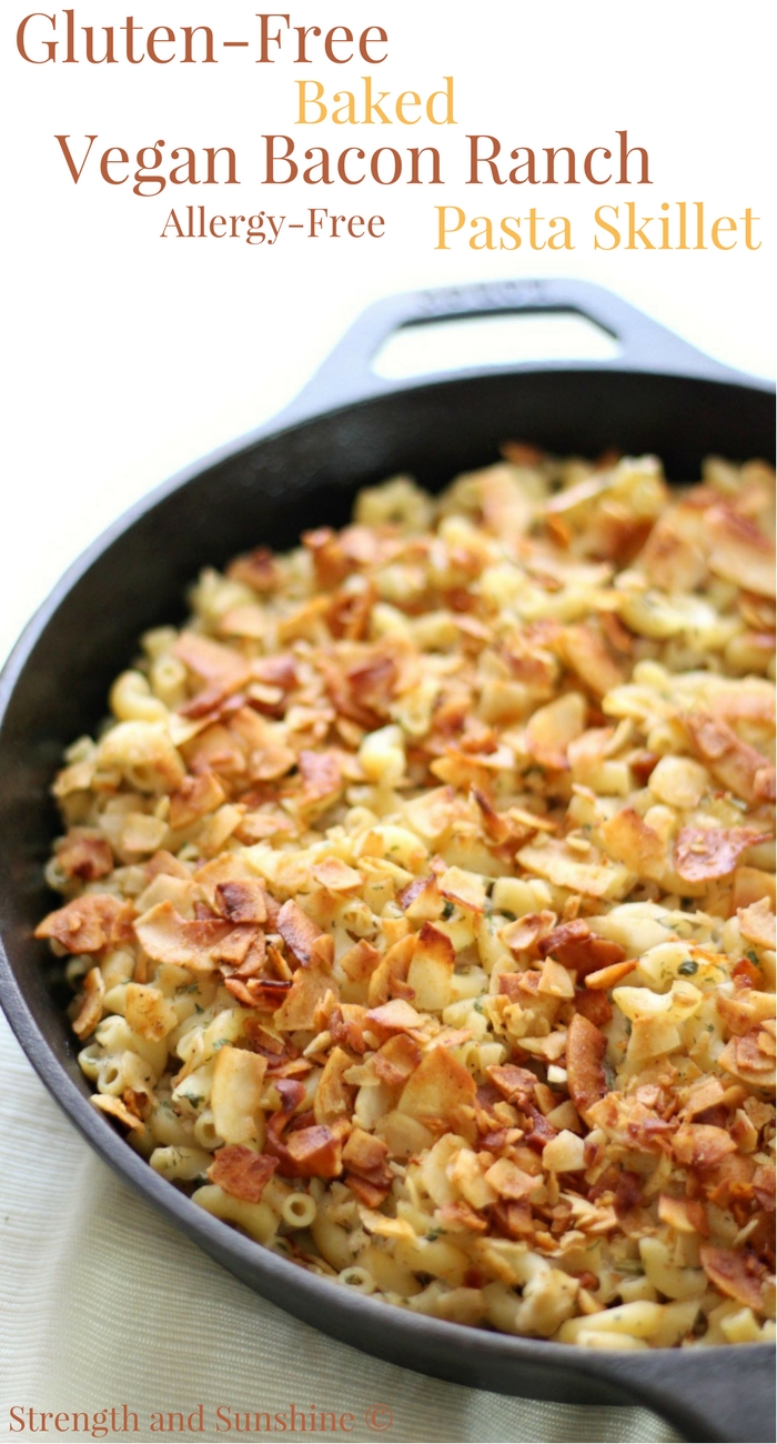 Gluten-Free Baked Vegan Bacon Ranch Pasta Skillet (Allergy-Free) | Strength and Sunshine @RebeccaGF666 A fun, healthy, & delicious meal for the whole family! This Gluten-Free Baked Vegan Bacon Ranch Pasta Skillet recipe is top 8 allergy-free, ready in 20 minutes start to finish, with a homemade, creamy, classic ranch dressing and crunchy coconut bacon topping! #ranch #bakedpasta #coconutbacon #glutenfree #vegan #allergyfree #dinner #pasta #strengthandsunshine