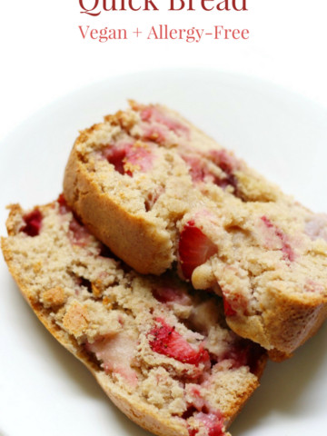 Gluten-Free Strawberry Quick Bread (Vegan, Allergy-Free) | Strength and Sunshine @RebeccaGF666 Put those ripe strawberries to good use in this healthy, sweet, and delicious quick bread recipe! This Gluten-Free Strawberry Quick Bread is vegan, allergy-free, and perfect for breakfast, brunch, dessert, or as a seasonal snack! It's spring and summer baking at its finest! #strawberry #quickbread #glutenfree #vegan #baking #breakfast #dessert #strengthandsunshine
