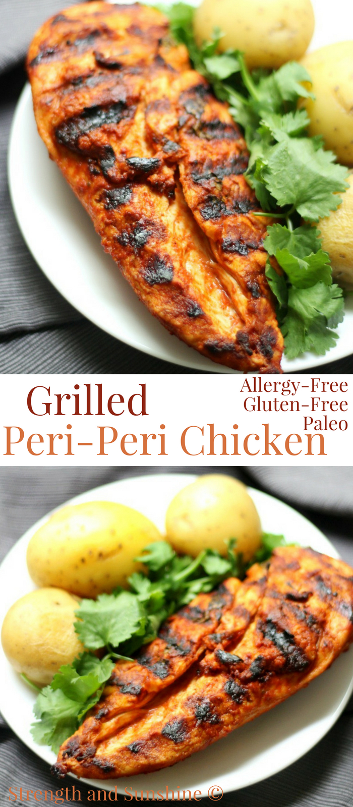 Grilled Peri-Peri Chicken (Gluten-Free, Paleo, Allergy-Free) | Strength and Sunshine @RebeccaGF666 A spicy North African recipe that will take your plain grilled chicken up a notch! Marinated in a spicy, zesty sauce, this Grilled Peri-Peri Chicken is loaded with flavor, gluten-free, paleo, top 8 allergy-free, and perfect for any cookout, bbq, or dinner! #chicken #periperi #grilling #glutenfree #paleo #grilledchicken #strengthandsunshine