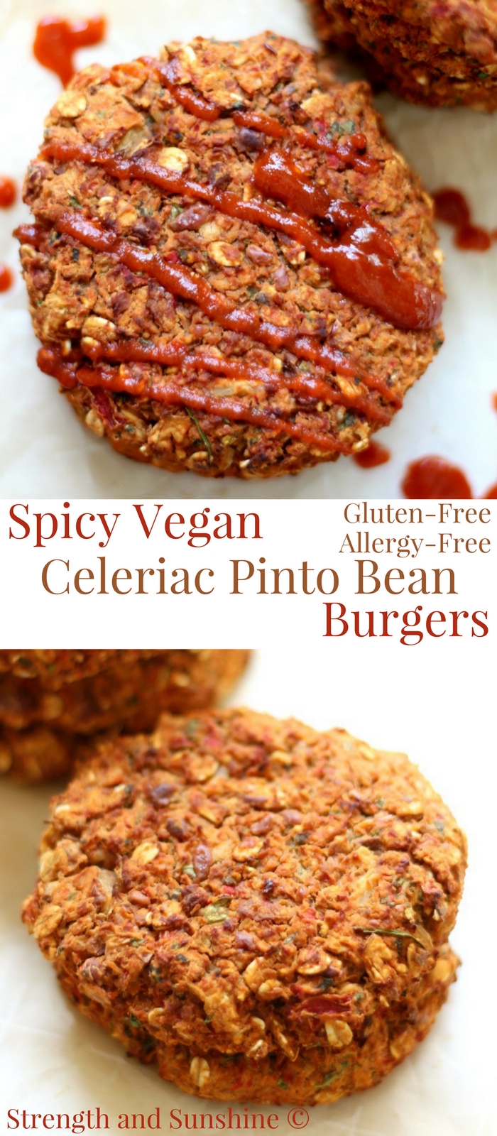 Spicy Vegan Celeriac Pinto Bean Burgers (Gluten-Free, Allergy-Free) | Strength and Sunshine @RebeccaGF666 A hearty meatless burger that will please even the biggest meat-eater! Spicy Vegan Celeriac Pinto Bean Burgers that are gluten-free, top 8 allergy-free, freezable, and won't fall apart! Loaded with smokey chipotle flavor, this healthy veggie burger recipe well be a star at the dinner table! #beanburger #veggieburger #pintobeans #glutenfree #vegan #strengthandsunshine