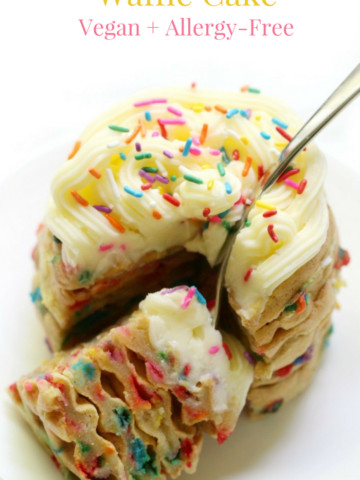 Gluten-Free Funfetti Waffle Cake (Vegan, Allergy-Free) | Strength and Sunshine @RebeccaGF666 A fun way to celebrate any occasion! This colorful Gluten-Free Funfetti Waffle Cake is vegan, top 8 allergy-free, requires minimal ingredients, while still being a dessert (or breakfast) recipe to remember! Whether it's a birthday or fun milestone, kids and adults this fun and easy creation!