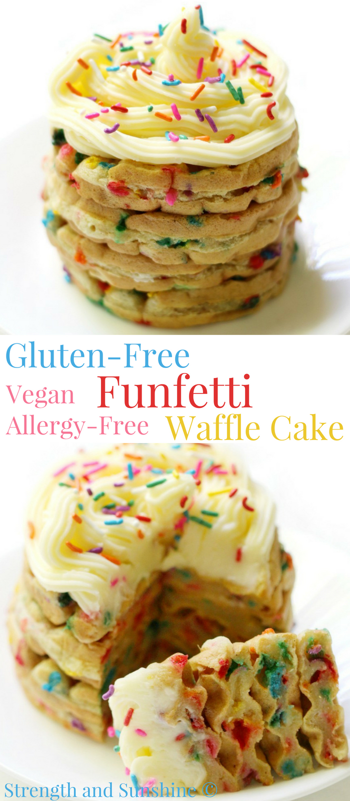 Gluten-Free Funfetti Waffle Cake (Vegan, Allergy-Free) | Strength and Sunshine @RebeccaGF666 A fun way to celebrate any occasion! This colorful Gluten-Free Funfetti Waffle Cake is vegan, top 8 allergy-free, requires minimal ingredients, while still being a dessert (or breakfast) recipe to remember! Whether it's a birthday or fun milestone, kids and adults this fun and easy creation!