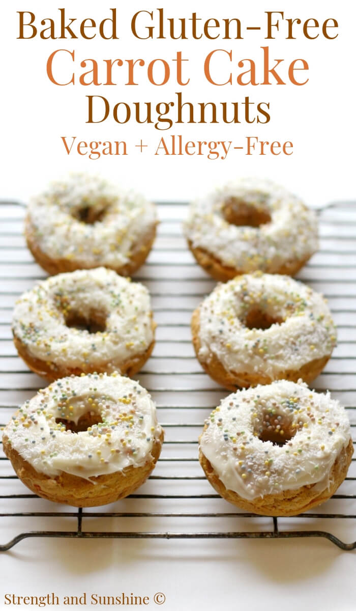 vegan cream cheese frosted gluten-free carrot cake doughnuts on a wire rack