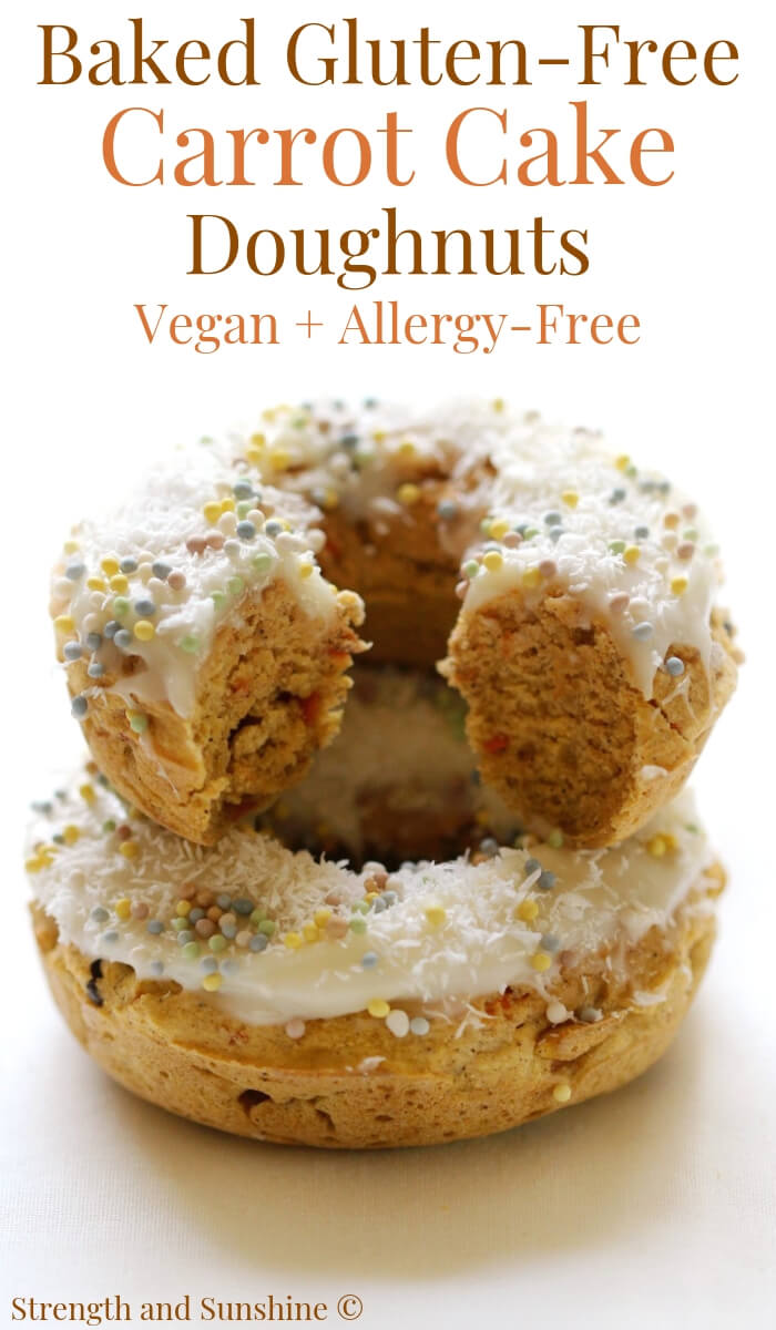 stack of baked gluten-free carrot cake doughnuts with vegan cream cheese frosting