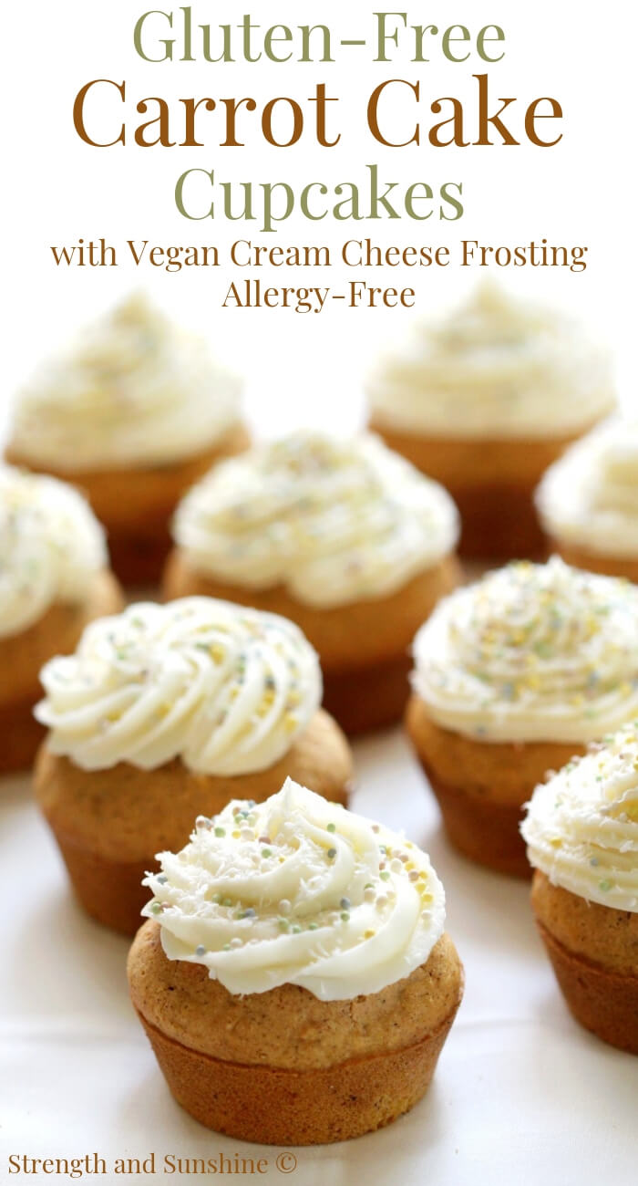 gluten-free carrot cake cupcakes with vegan cream cheese frosting on table