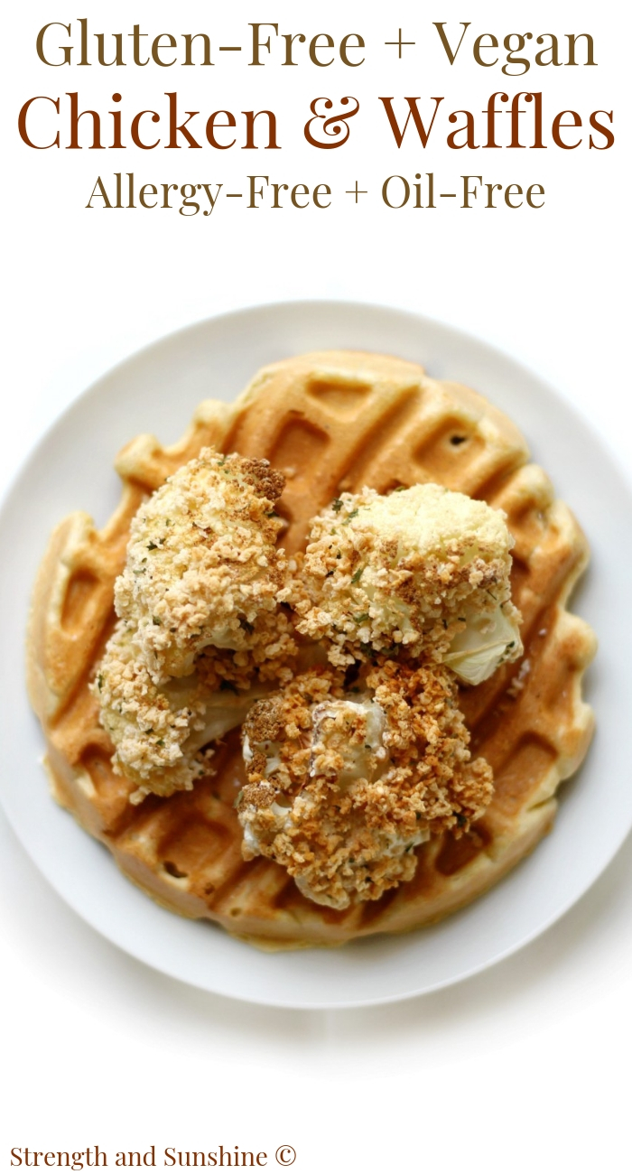 overhead-gluten-free-vegan-chicken-and-waffles-on-white-plate-pin